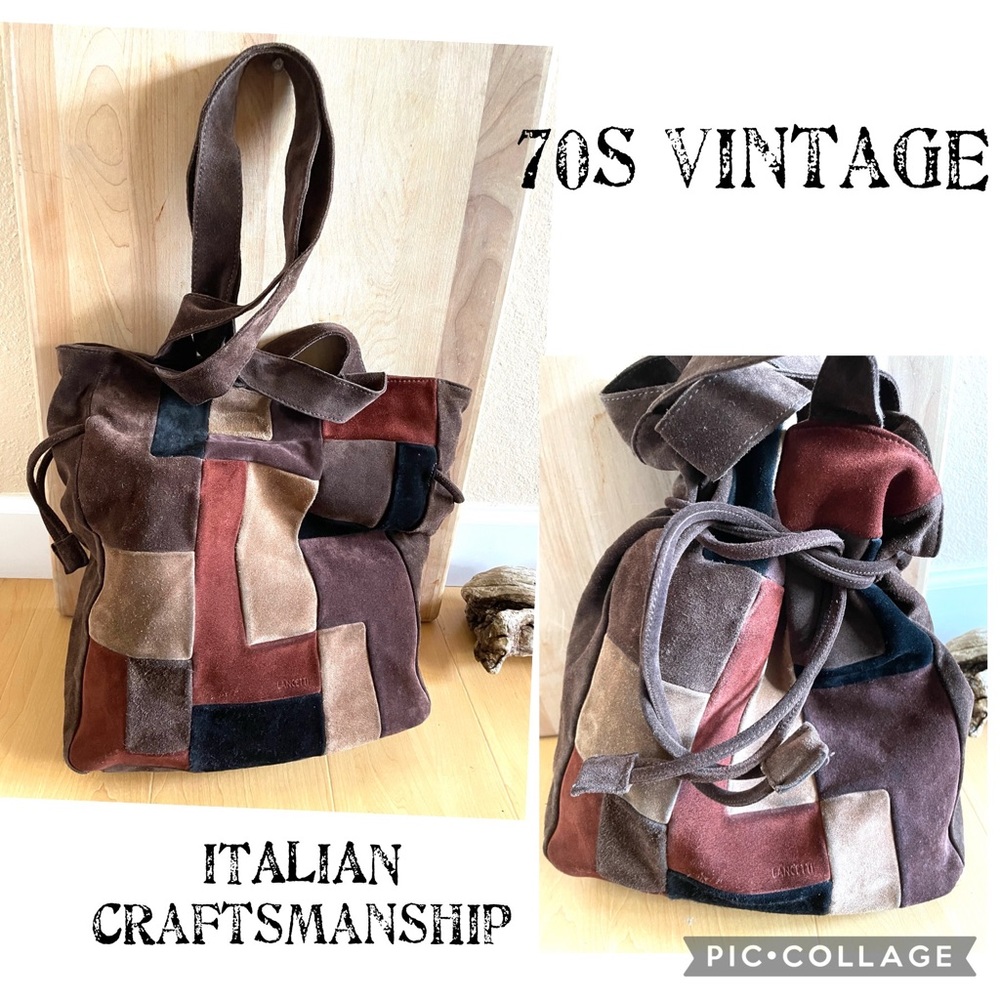 Vintage 70s LANCETTI Italian Suede patchwork Bag Cinch closure/magnetic …
